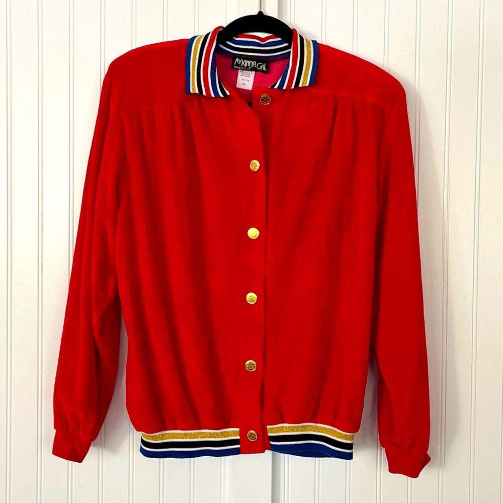 Vintage 80's Velour Track Jacket Red White and Blue Gold Buttons Shoulder Pads